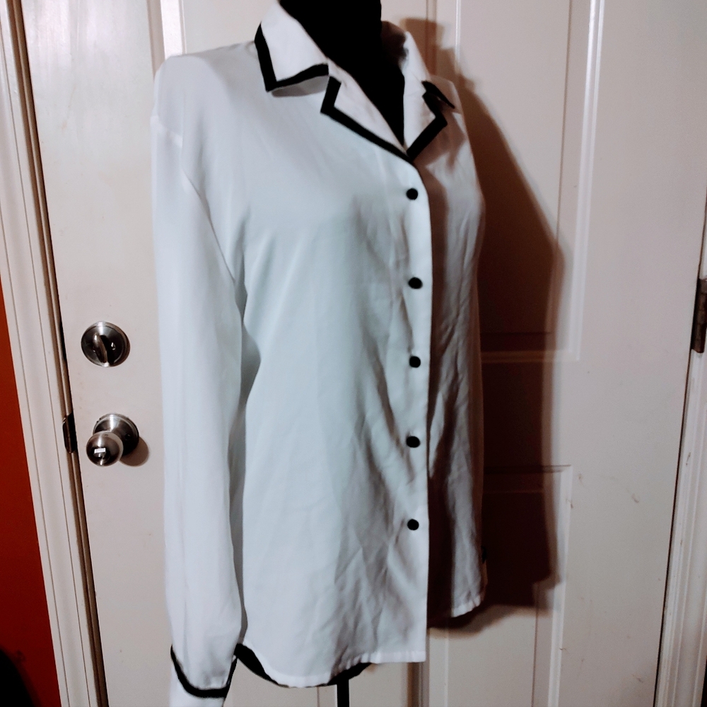 🐇🖤 🐇 Sophisticated Vintage French Cuff Contrast Career Blouse Top - XL - Picture 3 of 16